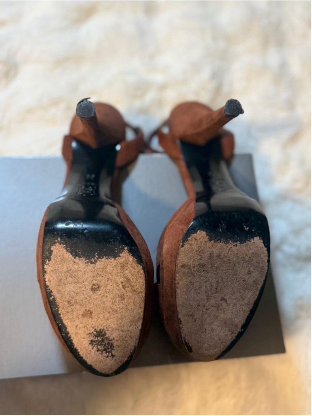 Preowned , Lerre Exclusive brown suede peep-toe sandals with jeweled buckle. - Picture 4 of 4